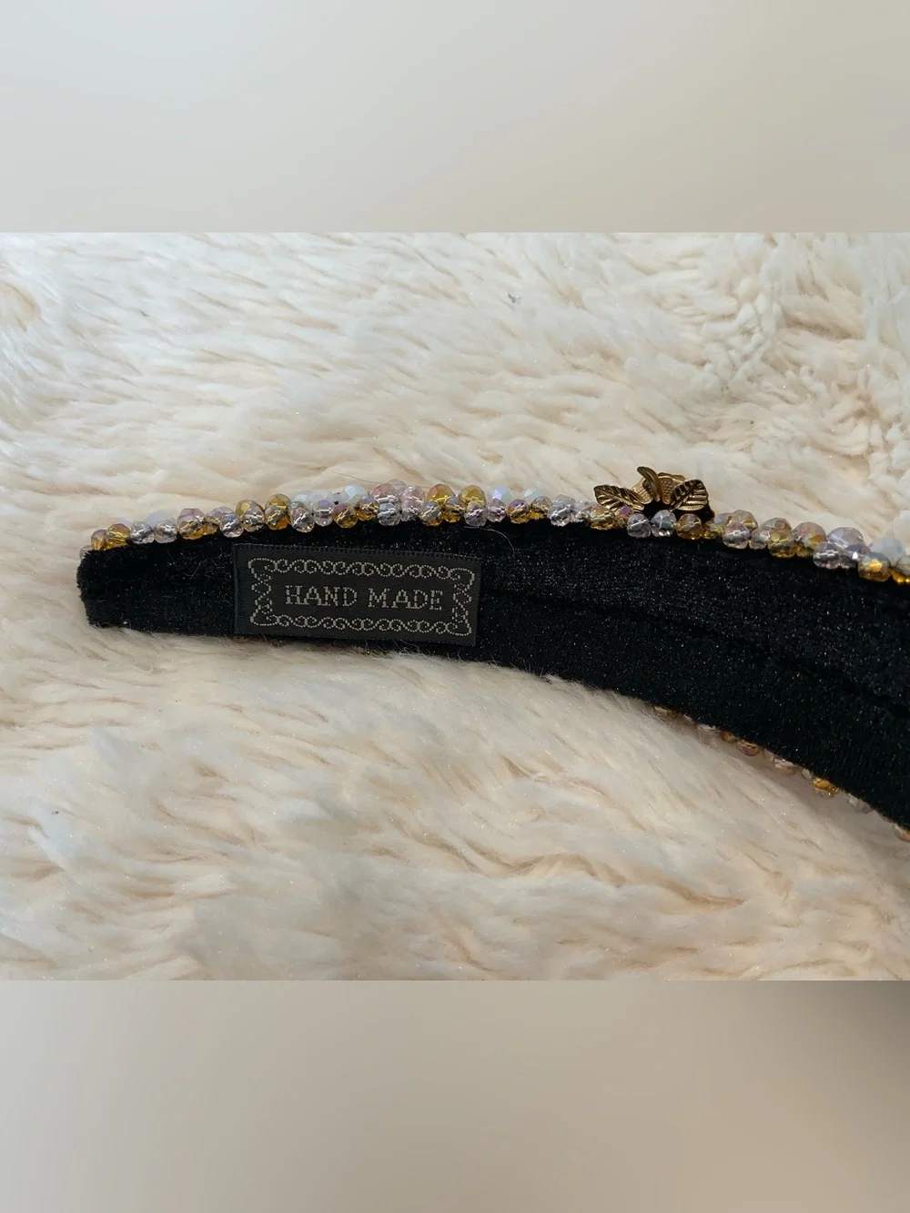 Beaded Black Headband with Gold Floral Accents